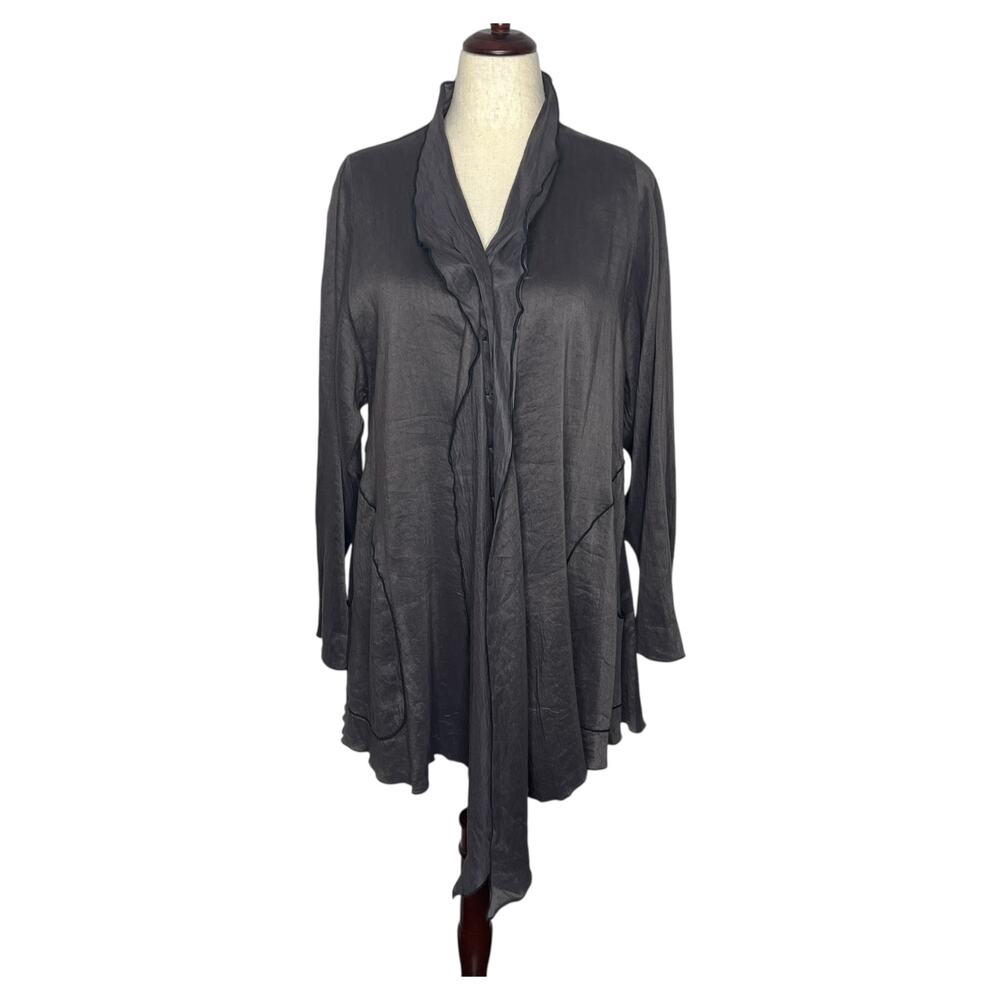 Cynthia Ashby Cardigan Size M Charcoal Purple Ruffle Lagenlook Button Front